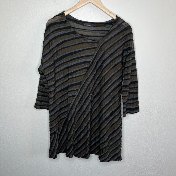 Cut Loose Womens Lagenlook Striped Asymmetrical Brown & Gray Tunic Top Large - Picture 2 of 11